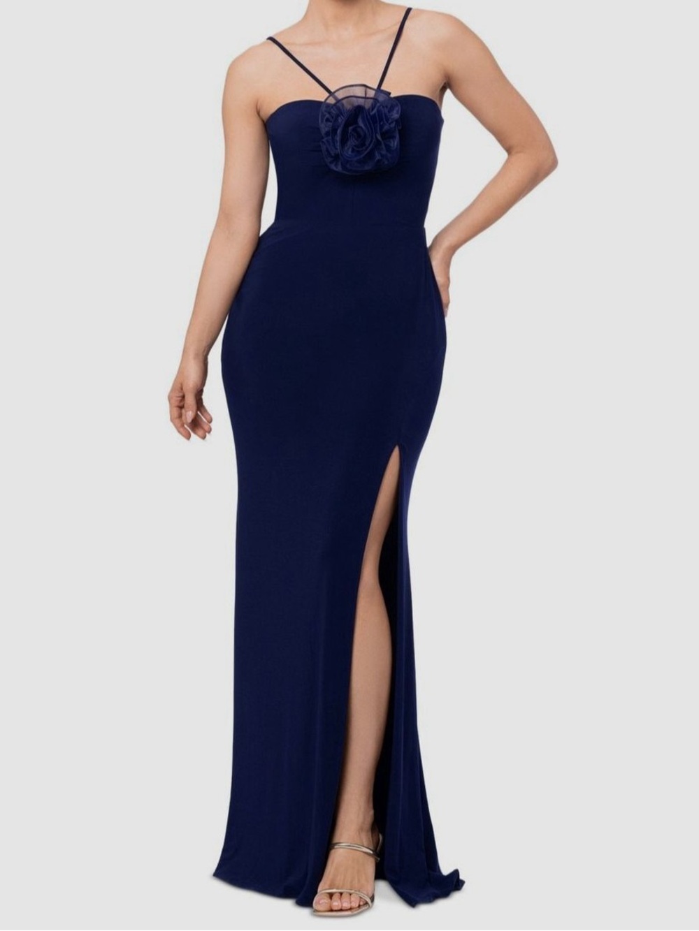 Xscape Navy Strapless Mermaid Gown with Floral Bust Detail